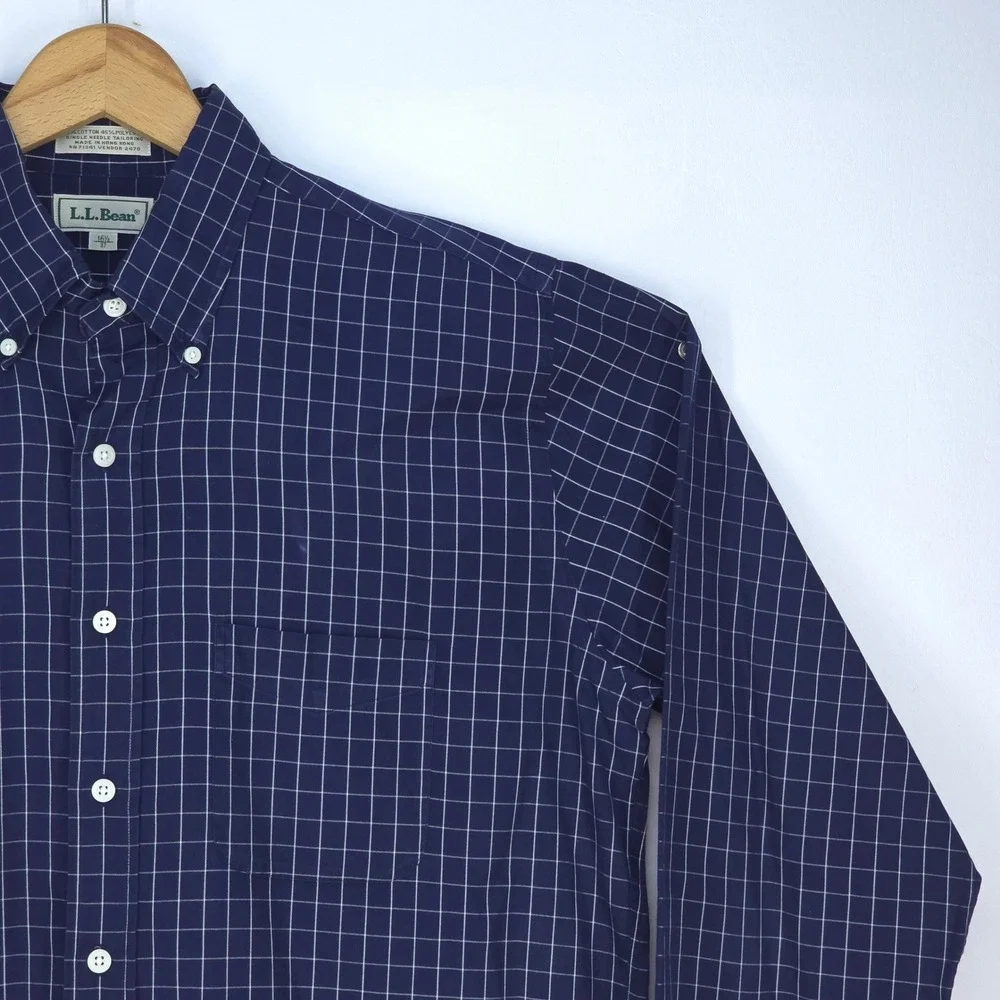 LL Bean Button Down Shirt Mens Large Navy Blue Check Long Sleeve Office Business - Picture 9 of 15